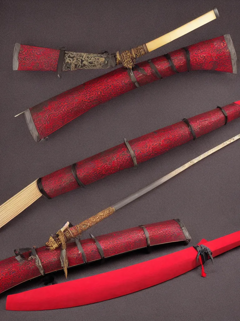 Prompt: a katana with a square tsuba sheathed inside a crimson colored scabbard, hyperdetailed