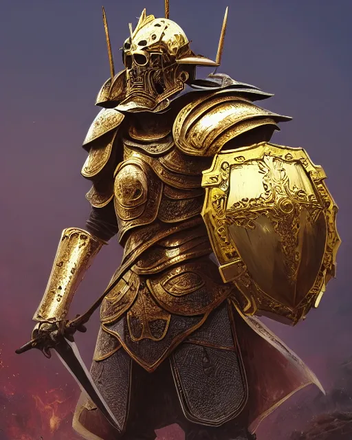 Image similar to render of A baroque gold knight, wearing a gold set of armor with a skull helmet, hyper realistic, unreal, craig mullins, alex boyd, lord of the rings, game of thrones, dark souls, skyrim, dragon age, artstation, cinematic shot, warhammer, dungeons and dragons