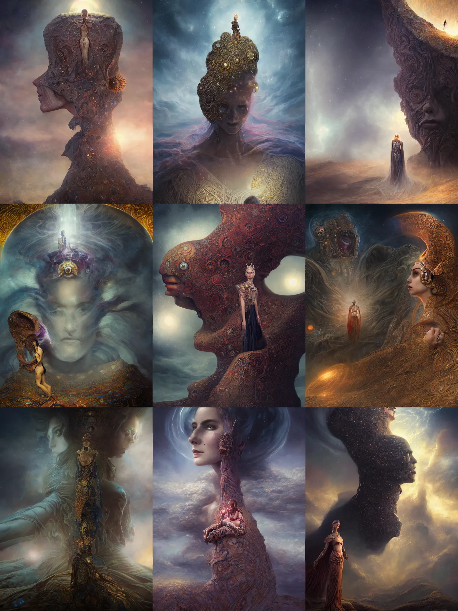 Prompt: epic monumental beautiful portrait of menacing and anxious biomechanical Djinn overseeing the fabric of the universe by charlie bowater, mandy jurgens, gustav klimt, octane render, iridescent, 4k, 8k, high detail, HDR, by tom bagshaw, powerful, with inspiration from Beksinski