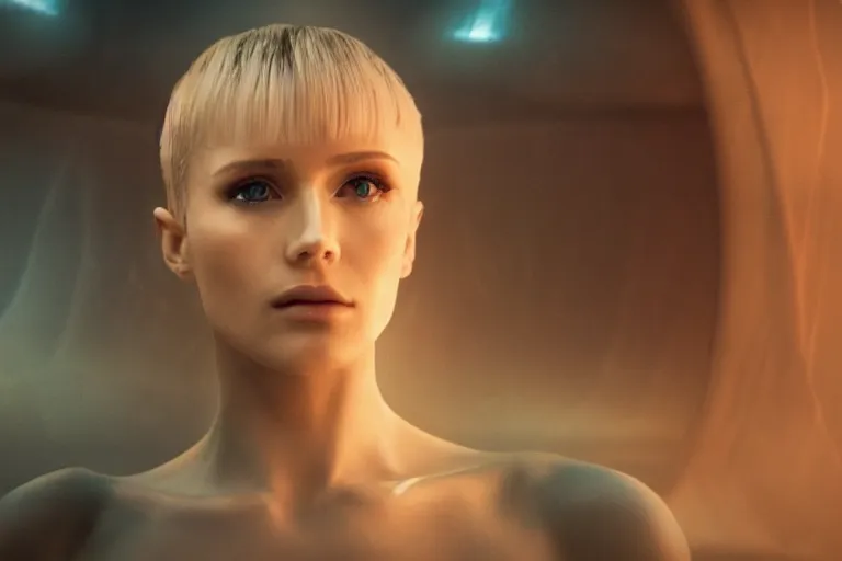 Image similar to a still from bladerunner 2 0 4 9 depicting a medium shot photograph of a beautiful woman with blonde hair. she stands inside a futuristic pod shaped immortality machine. she stares intently into the camera with a hungry expression. sci fi, futuristic, cinematic, low light, soft focus.