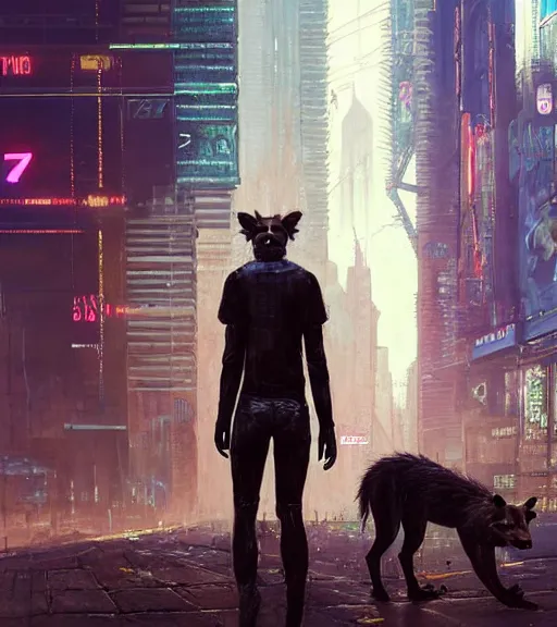 Image similar to new york city portrait of furry anthro anthropomorphic spotted hyena head animal person fursona wearing clothes strange cybernetic muzzle gloomy rainy screenshot from the video game cyberpunk 2077 digital art by Greg Rutkowski, Simon Stalenhag, christopher nolan trending on Artstation, CGSociety