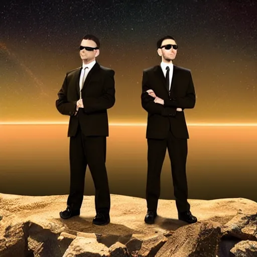 Image similar to men in black standing at the edge of the galaxy, cinematic, photoshopped, high details