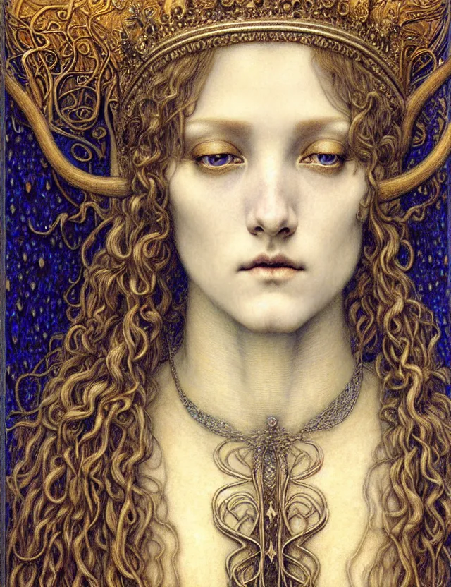 Image similar to detailed realistic beautiful young medieval queen face portrait by jean delville, gustave dore and marco mazzoni, art nouveau, symbolist, visionary, gothic, pre - raphaelite. horizontal symmetry