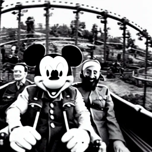 Prompt: benito mussolini and bin laden enjoying a ride on a rollercoaster wearing mickey mouse ear, gopro photo