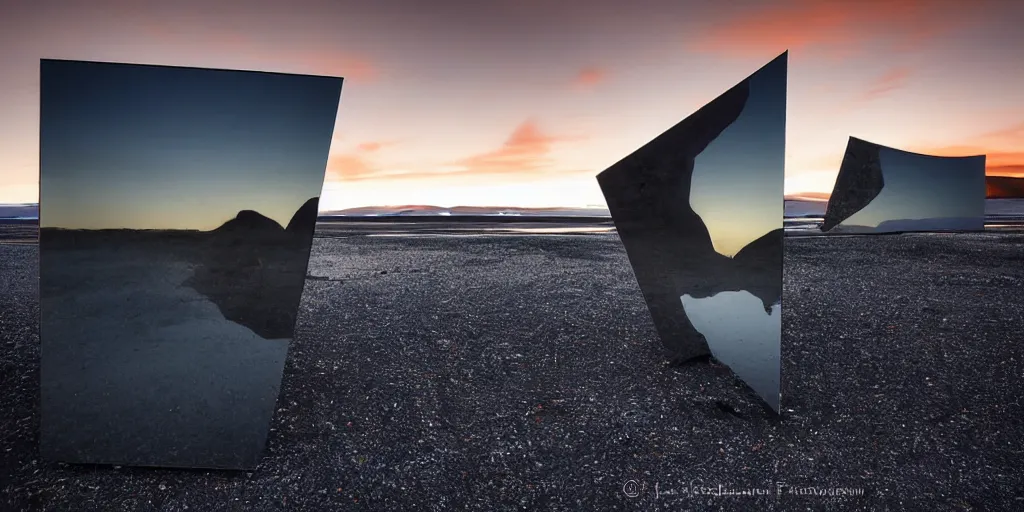 Image similar to futuristic angular minimalist sculpture made from deconstucted charcoal wood and mirrors, refracted, floating, iceland landscape photography sunset, by lurie belegurschi and gunnar freyr