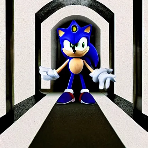 Image similar to sonic the hedgehog, creepy, horror, off - putting, dark, hallway, photo, paranormal