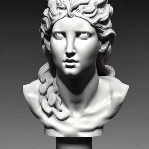 Image similar to sci - fi cgartist wide shot anaglyph ambient occlusion rendering of a hyper realistic marble greek statuary regal goddess head glowing with embedded vaporwave leds product photo high key colored lighting, trending on artstation volumetric lighting