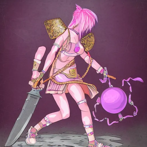 Image similar to pink haired female goddess with a giant metallic battle axe stepping on a small pink pink cat