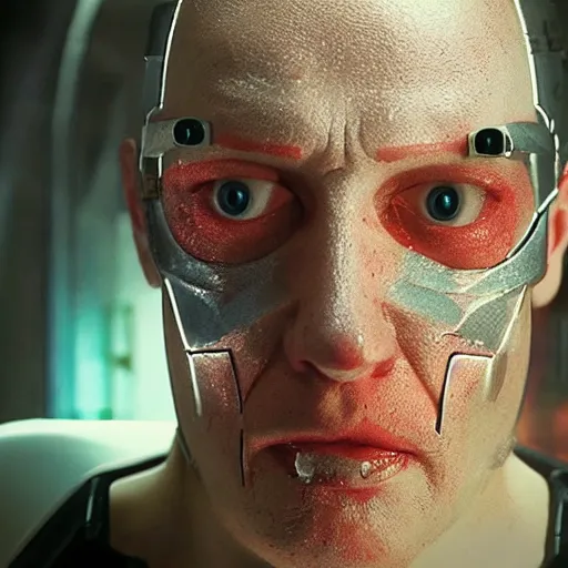 Image similar to movie still of a villain cyborg, facial expression, cinematic composition, cinematic light, surreal cinema, by edgar wright and david lynch,