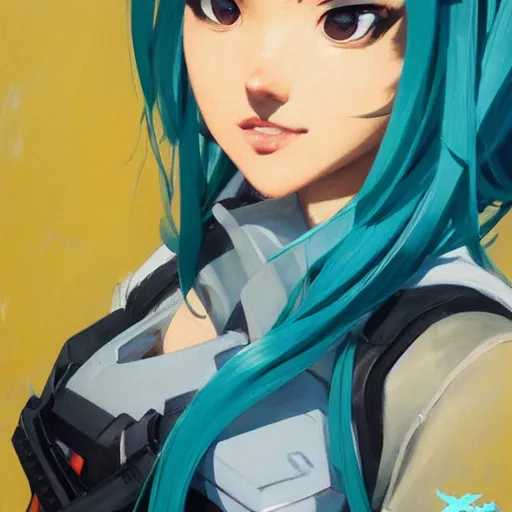 Image similar to greg manchess portrait painting of asada shino sinon as overwatch character, turquoise hair, medium shot, asymmetrical, profile picture, organic painting, sunny day, matte painting, bold shapes, hard edges, street art, trending on artstation, by huang guangjian and gil elvgren and sachin teng