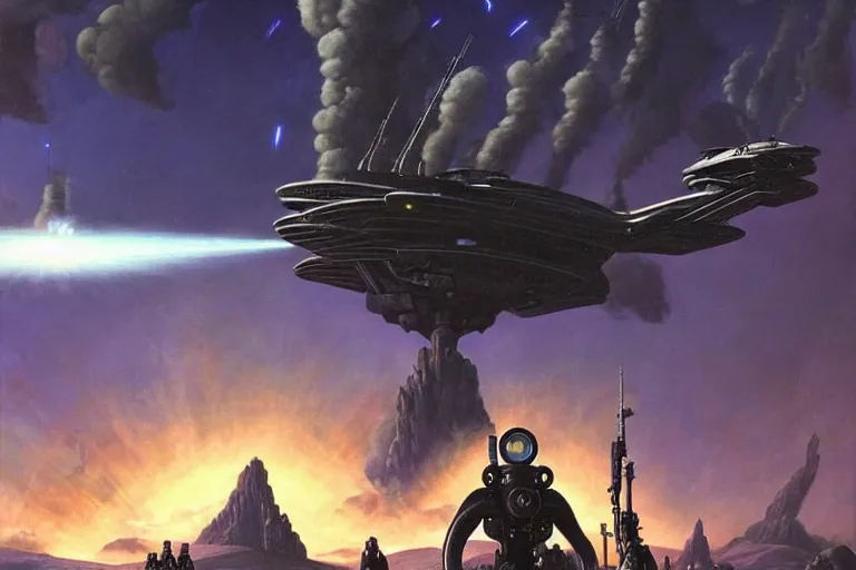Prompt: Epic science fiction landscape. In the foreground is futuristic anti-air artillery firing into the sky, in the background an alien spaceship is escaping. An officer stands next to the artillery pointing upwards. Stunning lighting, sharp focus, extremely detailed intricate painting inspired by Gerald Brom and Mark Brooks