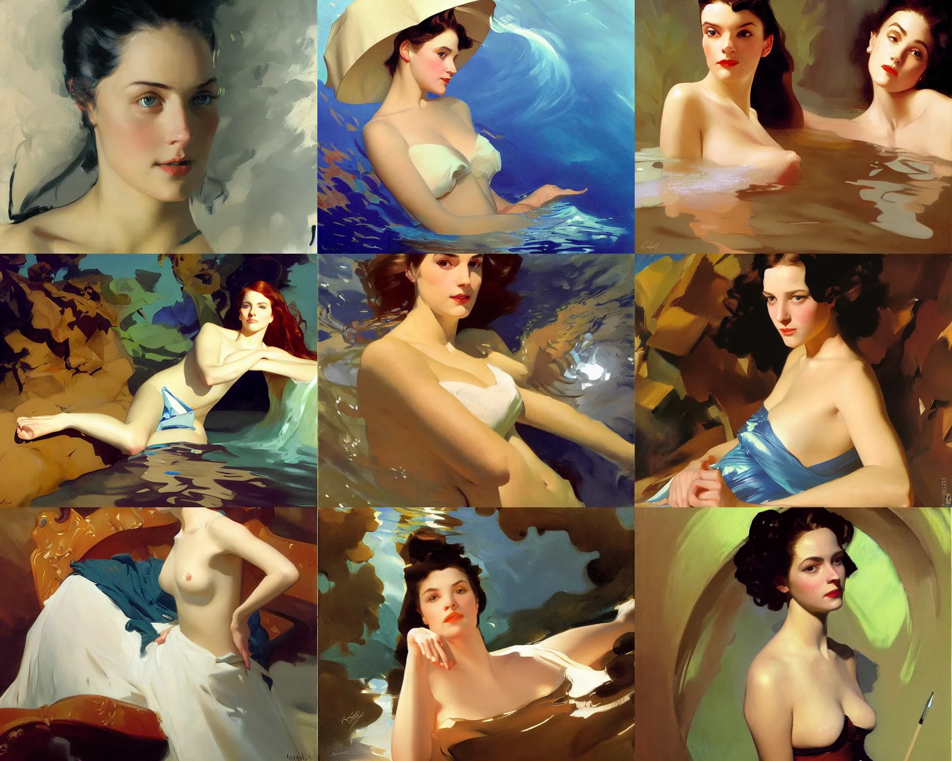 Prompt: painting by sargent and rhads and leyendecker and greg hildebrandt underwater portrait of a young woman