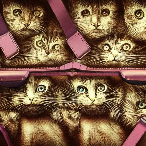 Prompt: the cats carry bag designed by louis vuitton, luxury, expensive, photo portrait, symmetry, awesome exposition, very detailed, highly accurate, professional lighting diffracted lightrays, 8 k, sense of awe