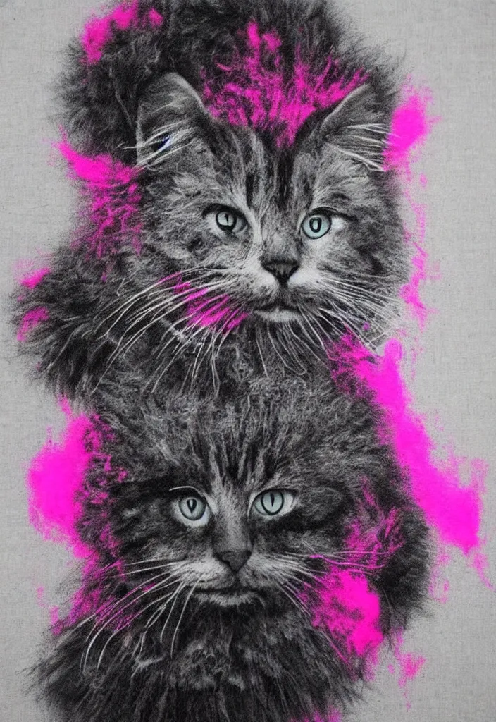 Prompt: fluffy cat t - shirt design, afro comb, by jules julien, dark grisaille monochrome neon spraypaint, ironic