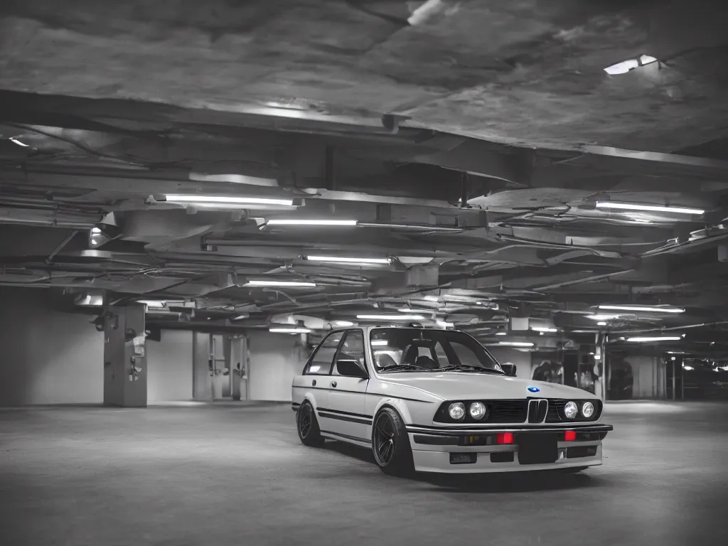 Image similar to a modified bmw e 3 0 with lights on in a futuristic neon parking garage, 3 5 mm photography, car photography, clean lines, realistic