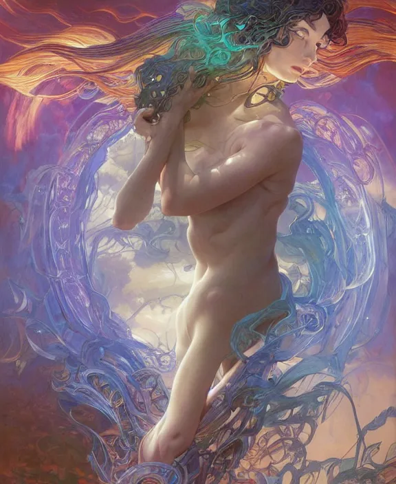 Image similar to a whirlwind of souls rushing inside the metaverse, half body, glowin eyes, d & d, fantasy, intricate, elegant, highly detailed, colorful, vivid color, digital painting, artstation, concept art, art by artgerm and greg rutkowski and alphonse mucha and ruan jia