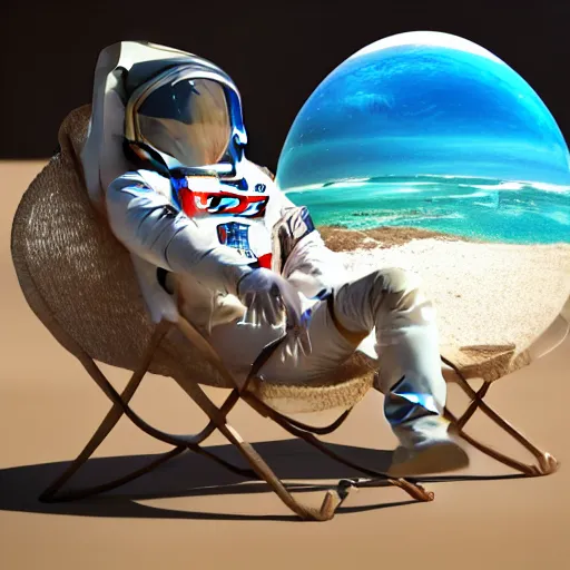 Image similar to astronaut in a space suit lounging on a beach chair at the beach having pina colada, digital art, high detail, 3D render, octane studio, 8K