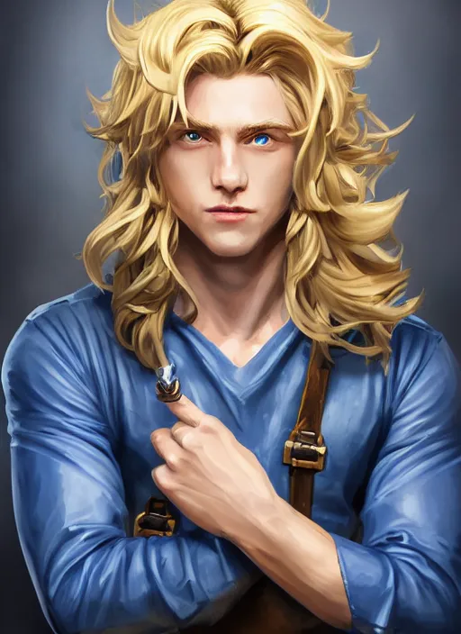 Prompt: a highly detailed illustration of long wavy bright blonde haired effeminate boy wearing blue blacksmith apron and iron mechanical arms, blue eyes, dramatic smiling pose, intricate, elegant, highly detailed, centered, digital painting, artstation, concept art, smooth, sharp focus, league of legends concept art, wlop