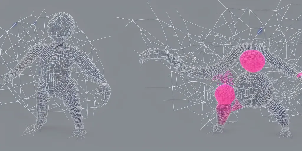 Image similar to creature made out of wireframe, vertices and 3D artifacts, bubbly, colorful and shinmering, bloom, placed in the middle of the picture, clean gray background