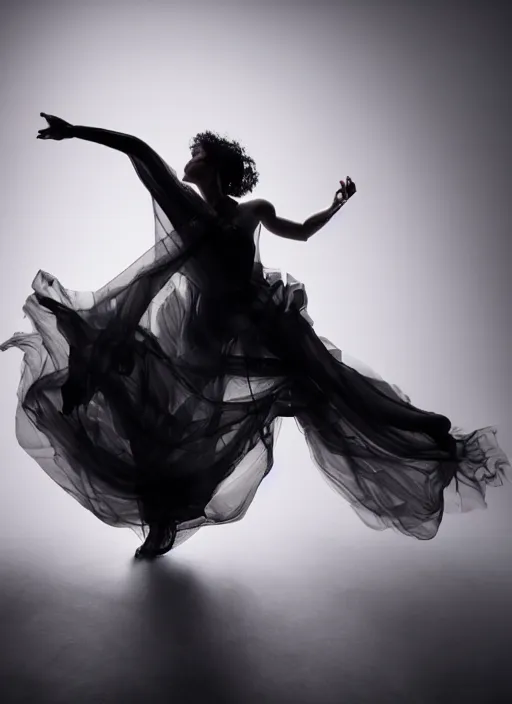 Image similar to a Photorealistic dramatic hyperrealistic render of a beautiful Female smoke dancer by Ken Brower and Deborah Ory of NYC Dance project,Lois Greenfield,Flowing cloth and smoke,Beautiful dynamic dramatic dark moody lighting,volumetric,shadows,cinematic atmosphere,Octane render,8K