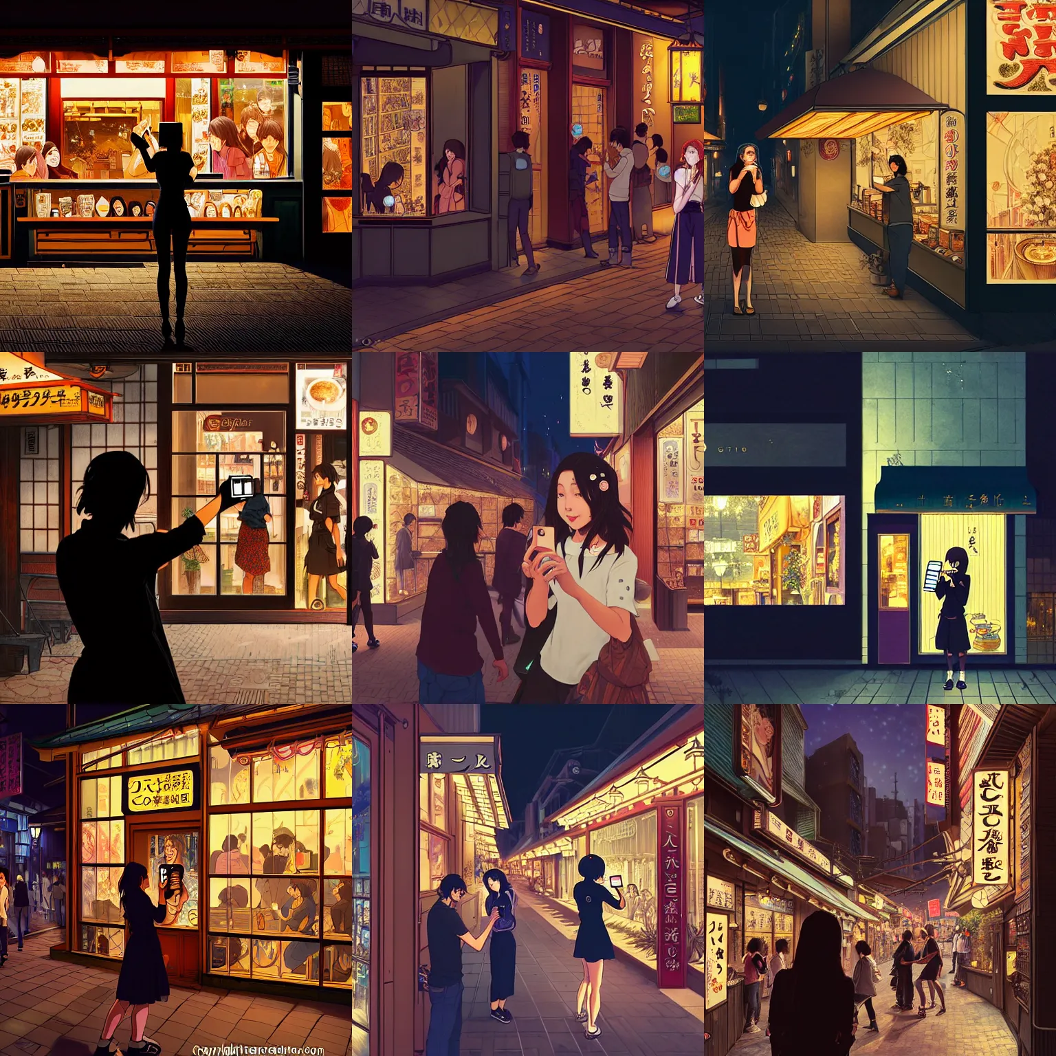 Prompt: a young female taking a selfie in front of a coffee shop store in The City of Japan at night with a few customers, extreme plus resolution fantasy concept art, intricate details to everything visible, sharp lighting, Dramatic light by denis villeneuve, strong emphasis on alphonse mucha, Makoto Shinkai