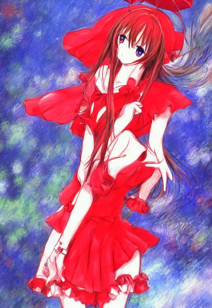 Image similar to medium shot portrait, a cute red outfit, tokyo anime scener, very anime in impressionist style, anime trending artwork, anime painter studio, by claude monet