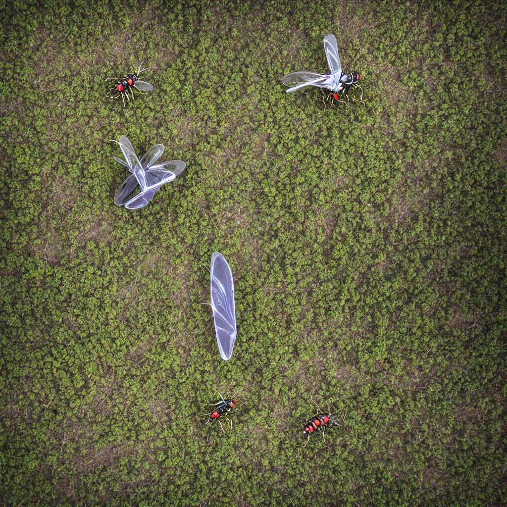 Prompt: biomimetic robot flying over a food forest, killing wasps with automatic lasers in the australian outback, XF IQ4, 150MP, 50mm, F1.4, ISO 200, 1/160s, natural light