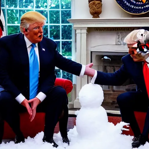 Image similar to donald trump and joe biden making snowman together