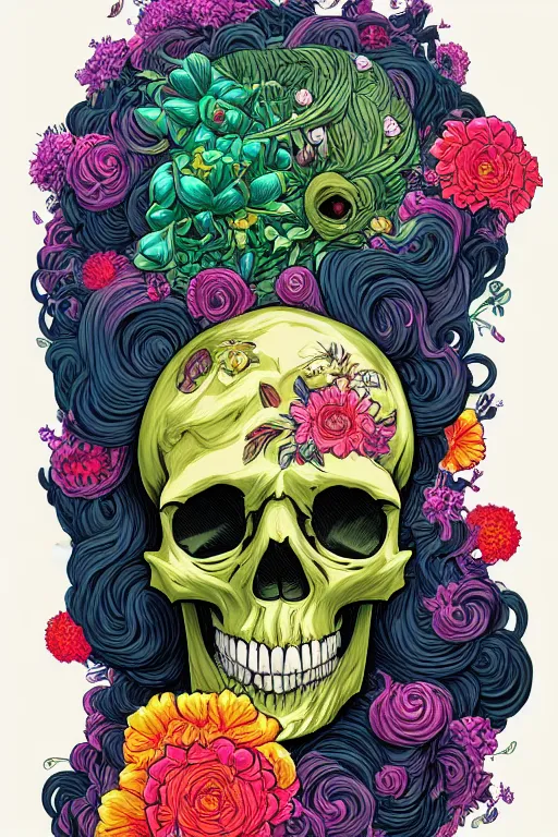 Image similar to ortographic view of a large skull with vivid flower hair by Jen Bartel and Dan Mumford and Satoshi Kon, gouache illustration