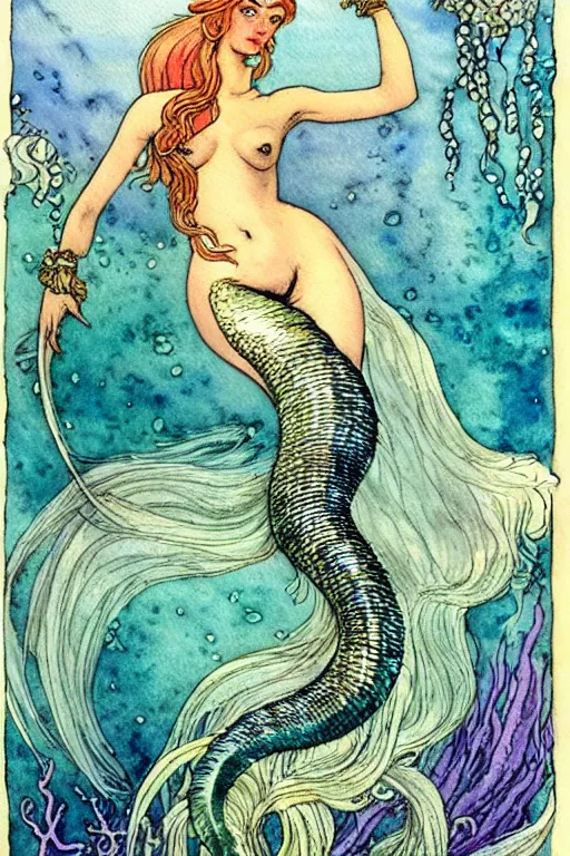 Image similar to mermaid with two eel tails underwater, fantasy art, trending on artstation, little mermaid fairytale, art by hans zatzka and walter crane and kay nielsen, watercolor illustration,