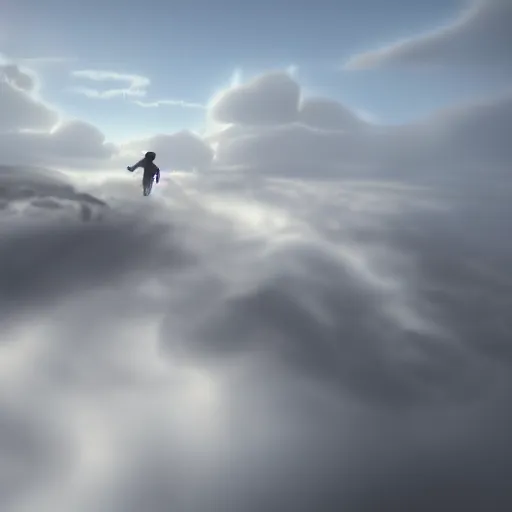 Image similar to running and falling on clouds, 4k, post-processing, detailed, artstation, fog