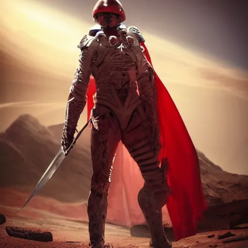 Prompt: a tall muscular soldier, wearing blood - spattered glossy sleek white dinged scuffed armor and a long torn red cape, heroic posture, battle - weary, strained expression, determined expression, no helmet, on the surface of mars, dramatic lighting, cinematic, sci - fi, hyperrealistic, detailed