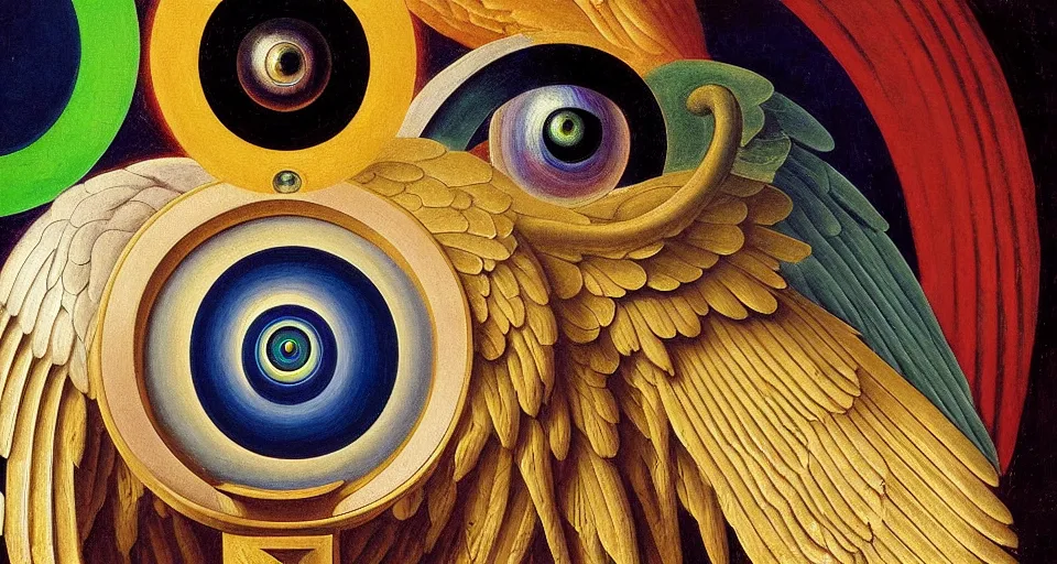 Image similar to painting of rainbow ophanim surrounded by large diagonally rotating rings, ophanim has bird wings, giant eyeball in the middle of the ophanim, by roberto. ferri, sandro botticelli, by caravaggio, by alexandre cabanel, by george clark stanton, amazing details, mythological, biblical, beautiful composition