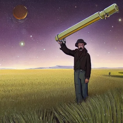 Image similar to a farmer standing on the fields of barley looking at the stars through telescope by H.P. Lovecraft, 8k, epic scene, concept art