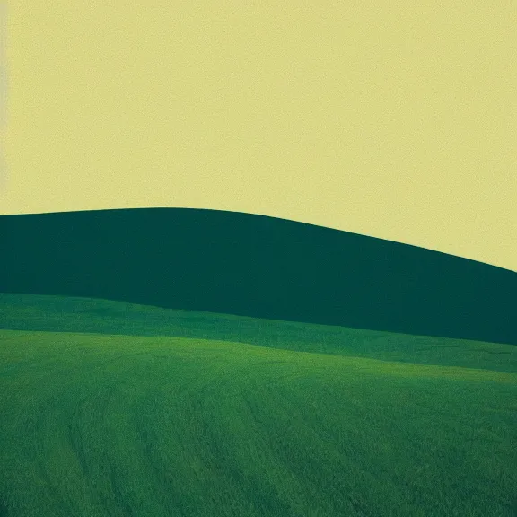 Image similar to rolling hills landscape, teal gradient, boards of Canada film photography 70's, album art