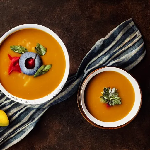 Prompt: soup [ containing various fruits within ]!!, trending on unsplash, [ 4 k photorealism ]!!, professional photography, [ overhead view ]!, shot by jimmy nelson