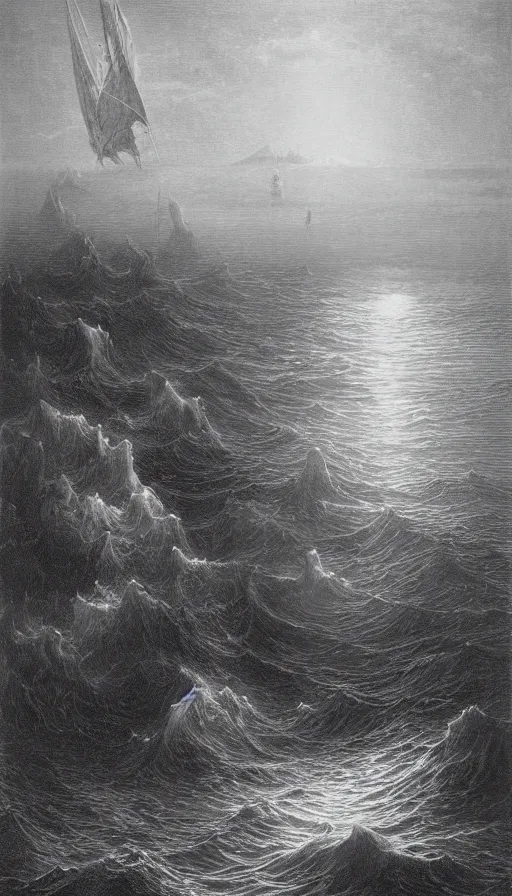 Prompt: hooded ocean cultists, on the waves, epic, dark fantasy, gustave dore