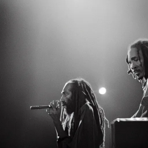 Image similar to a dramatic photograph of snoop dog and bob marley in concert in an infinite universe of mystical light, ground haze, dramatic lighting, filmic, cinematographic, sci - fi