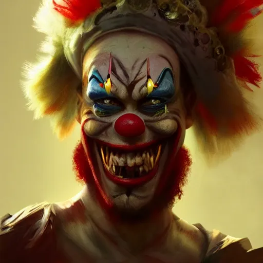 Image similar to clown warrior, pointed teeth, portrait, intricate, detailed, volumetric lighting, scenery, digital painting, highly detailed, artstation, sharp focus, illustration, concept art, ruan jia, steve mccurry