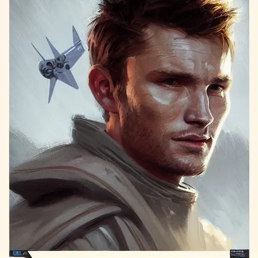 Image similar to portrait of a man by greg rutkowski, jedi knight, he looks like scott eastwood, wearing a flying jacket, star wars expanded universe, he is about 3 0 years old, highly detailed portrait, digital painting, artstation, concept art, smooth, sharp foccus ilustration, artstation hq