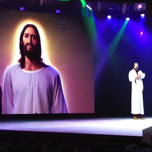 Prompt: jesus on stage at e 3 introducing game about jesus, photograph, 2 0 1 7, 4 k