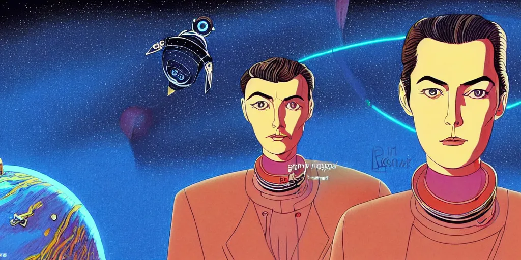 Image similar to traditional drawn colorful animation a symmetrical portrait of lonely single Alain Delon alone pilot in posing in spaceship station planet captain bridge outer worlds robots extraterrestrial hyper contrast well drawn in Jean Henri Gaston Giraud animation film The Masters of Time FANTASTIC PLANET La planète sauvage animation by René Laloux