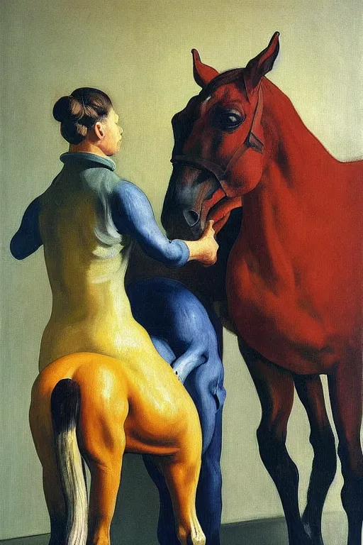 Prompt: a horse stands on the back of a horse c with head astronaut, hauntingly surreal, highly detailed painting by francis bacon, edward hopper, adrian ghenie, gerhard richter, and james jean soft light 4 k,