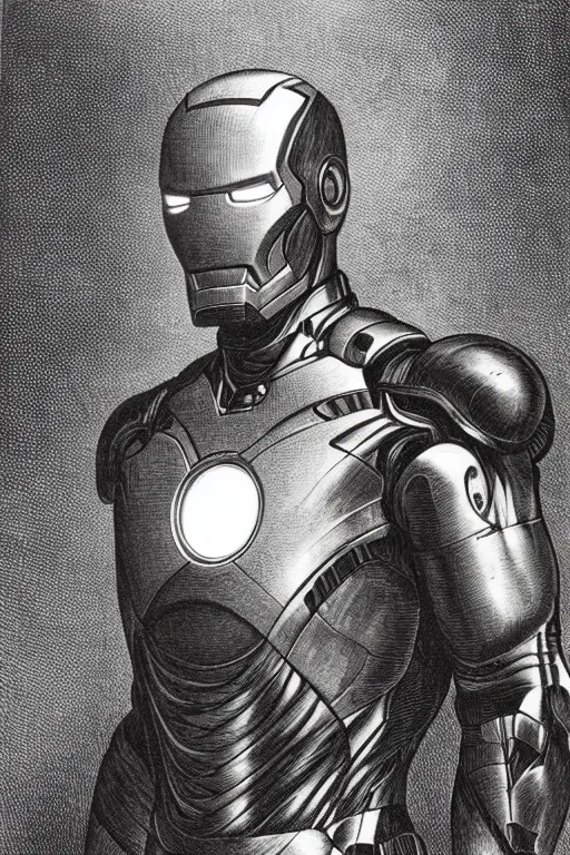 Prompt: portrait of iron man, Gustave Dore lithography