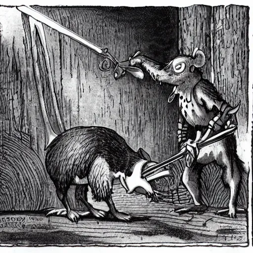 Prompt: antropomorphic rat character buying a sword made out of bone from a trader rat, fantasy art