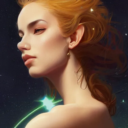 Image similar to Portrait of very very very very very very beautiful woman, spacesuit, green eyes, Amber skin, intricate, elegant, highly detailed, digital painting, artstation, concept art, smooth, sharp focus, illustration, art by artgerm and greg rutkowski and alphonse mucha