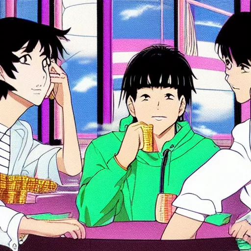 Image similar to man losing all his money at the poker table, sprite, vaporwave nostalgia, directed by beat takeshi, visual novel cg, 8 0 s anime vibe, kimagure orange road, maison ikkoku, sketch by osamu tezuka, directed by makoto shinkai and beat takeshi