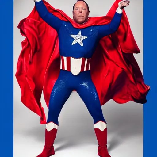 Prompt: UHD candid photo of Alex Jones dressed as a cosmic superhero, wearing red white and blue, accurate face, UHD, photorealistic, correct face, photo by Annie Leibowitz