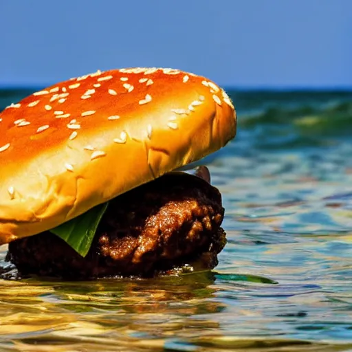 Prompt: a cheeseburger swimming in lake michigan