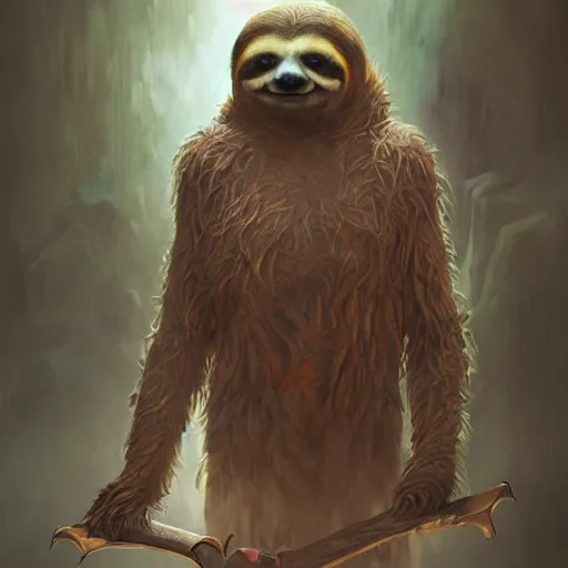 Prompt: unholy sloth, animal sloth, anthropomorphic sloth, demon, demonic robes, dirty matted fur, evil, horror, ultra details, art by artgerm, dwayne barlowe, trending on artstation and greg rutkowski and alphonse mucha, 8 k